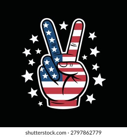 A stylized hand making a peace sign gesture, filled with the pattern of the United States flag, surrounded by white stars on a black background.
