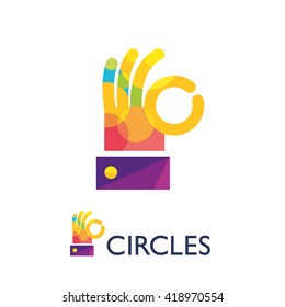 Stylized hand OK sign colored circles, circus tricks, show.