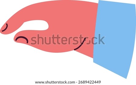 A stylized hand with a pinching gesture in a flat design. The fingers are positioned to suggest a small grasp. Cartoon vector illustration.
