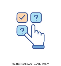 Mão estilizada apontando para opções de ponto de interrogação com marca de seleção disponível. Design plano em tons de azul e laranja.