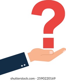 A stylized hand presents a bold red question mark, symbolizing inquiry and curiosity in a clean, minimalistic composition.