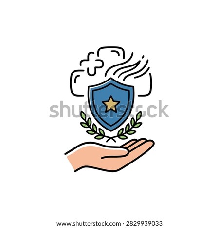 A stylized hand supports a shield with a star emblem and laurel branches, representing health and safety services.