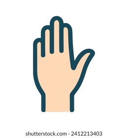  Stylized hand vector icon, depicted in flat style, with extended fingers, done in warm shades of beige and blue colors, isolated on white background.