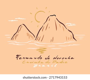 Arte estilizado, dibujado a mano, en trazos simples, que representa un paisaje costero de Fernando de Noronha, Brasil.