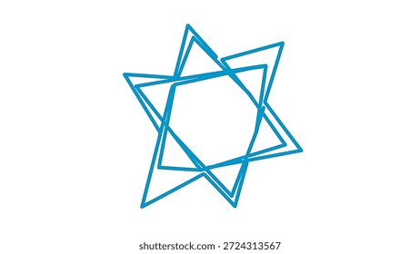 Um estilizado símbolo azul Estrela de David desenhado à mão sobre um fundo branco limpo. Representa o judaísmo, a fé e a identidade religiosa.