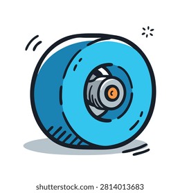 A stylized hand-drawn cartoon icon of a single bright blue skateboard wheel isolated on a white background