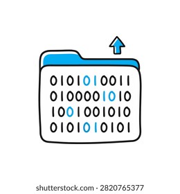 A stylized, hand-drawn digital illustration of a blue computer folder icon containing binary code sequences, with an upward-pointing arrow symbol, representing data upload, file transfer, or cloud storage synchronization in technology.