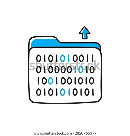 A stylized, hand-drawn digital illustration of a blue computer folder icon containing binary code sequences, with an upward-pointing arrow symbol, representing data upload, file transfer, or cloud storage synchronization in technology.