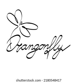 Stylized hand-drawn dragonfly lettering. Logo. Hand-drawn inscription. Vector. Single-line drawing. Black and white image. Dragonfly. Insect. Suitable for posters, stickers and postcards.