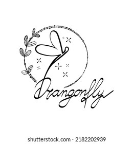 Stylized hand-drawn dragonfly lettering. Logo. Dragonfly in vegetal frame. Hand-drawn inscription. Vector. Single line drawing. Black and white image. Dragonfly. Insect. 