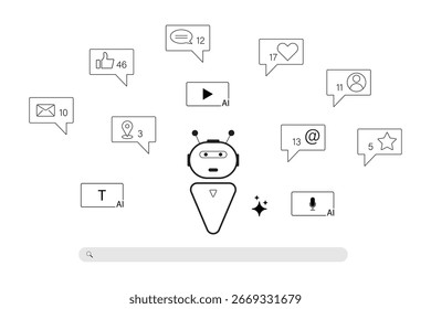 A stylized, hand-drawn figure with a circular head and triangular body, surrounded by various communication and technology icons, suggesting a concept of digital interaction and information sharing.