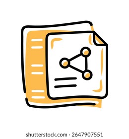 A stylized, hand-drawn icon depicts a document with a network diagram and abstract lines. The icon uses a simple black and yellow color scheme on a white background.