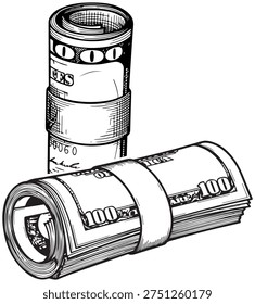 Stylized hand-drawn illustration depicting two neatly rolled bundles of one hundred dollar bills, banded together, symbolizing financial prosperity, wealth, and successful economic ventures