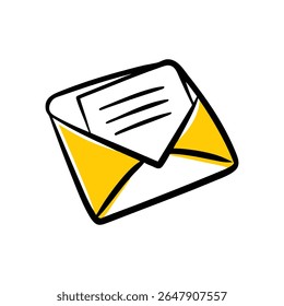 A stylized, hand-drawn illustration of an open envelope with a piece of paper inside. The envelope features bold black outlines and a vibrant yellow interior, set against a clean white background.
