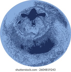 A stylized, hand-drawn illustration of a single blueberry, featuring textured shading and a deep blue color palette. The design showcases the natural round shape and organic details of the berry.