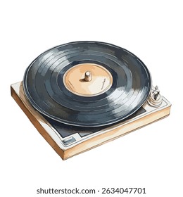 A stylized, hand-drawn illustration of a vintage record player, showcasing a detailed vinyl record. The player is angled, highlighting its components.