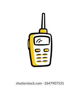 A stylized, hand-drawn illustration of a walkie-talkie in yellow and black. It features a prominent antenna, a screen, and several buttons, presented against a clean white backdrop.