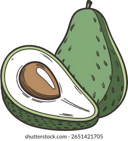 Ilustração estilizada, desenhada à mão, de um abacate inteiro ao lado de um abacate dividido pela metade, revelando a sua carne cremosa e o grande fosso castanho, colocado sobre um fundo branco limpo.