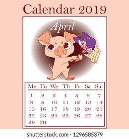 Stylized hand-drawn monthly 2019 calendar with funny pigs. Cartoon characters, template, design calendar planner pages, vector layout