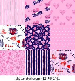 Stylized hand-drawn set of patterns with hand-drawn lettering, brush strokes, wavy stripes and hearts. Vector illustration.