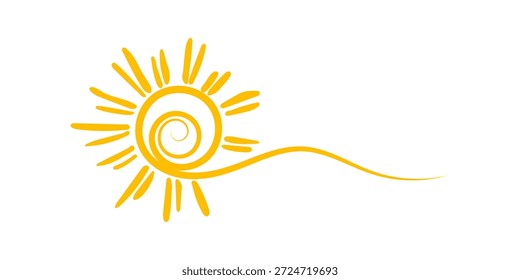 A stylized, hand-drawn sun icon with a central swirl and a decorative flourish. Yellow summer graphic illustration isolated on a white background.