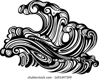 Stylized hand-drawn vector illustration. Abstract drawing of the sea or ocean wave with a foaming crest isolated on a light background. Ocean storm, tide, tsunami, sea wave. Sea water or salt water.