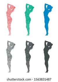 Stylized hand-drawn vector illustration of a beautiful girl in different colors and with different line thickness.