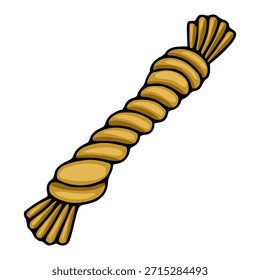 Stylized hand-drawn vector illustration of a thick, twisted golden rope with frayed ends, isolated on a white background.