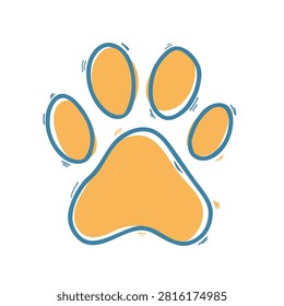 A stylized hand-drawn vector illustration of a yellow paw print with a blue outline representing a dog or cat footprint.