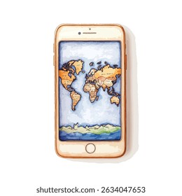 A stylized, hand-drawn world map displayed on a light gold smartphone. The map features a watercolor-like effect, with varied colors and textures.