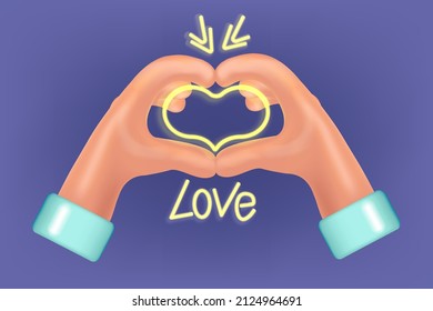 Stylized hands fold the shape of a heart. Finger gesture. 3D sign. Element text love and heart neon. Vector illustration