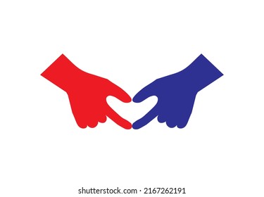 Stylized hands fold the shape of a heart. Finger gesture. Red and blue. Element for design. Vector illustration on an isolated white background.