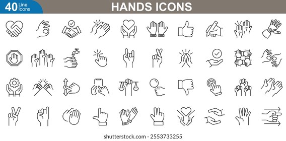 Stylized Hands line Icons Set. Gesture and sign collection. Handshake, click, fist, heart, thumbs up, victory sign and more. vector illustration.