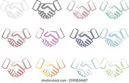 Stylized handshake icons, minimalist line drawings, colorful outlines, repeating pattern, business partnership concept, geometric shapes, diversity in collaboration, simple graphic design, multiple co