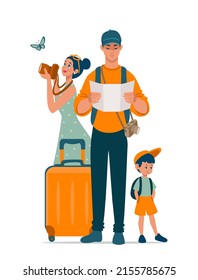 Stylized happy beautiful family came for vacation. Vector illustration