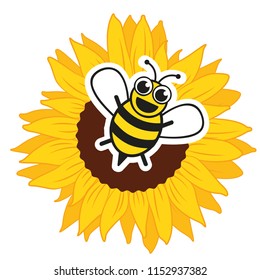 Stylized happy bee and sunflower vector illustration
