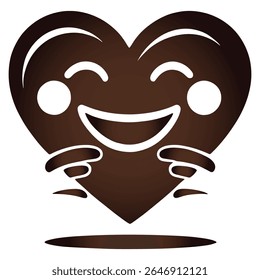 A stylized, happy brown heart character with white eyes and a wide, open mouth, embracing itself with its hands. Isolated on a white background.