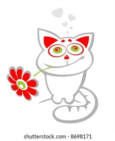 Stylized  happy cat with flower on a white background. Valentines illustration.