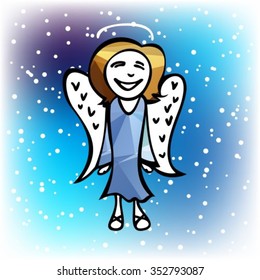 Stylized happy Christmas angel on a blue background.