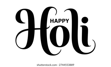 Stylized Happy Holi text design with decorative cursive lettering and sans-serif accent, festive black typography on white background for Hindu spring festival