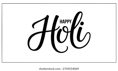 Stylized Happy Holi text design with decorative cursive lettering and sans-serif accent enclosed in thin rectangular border, festive artwork for Hindu spring festival