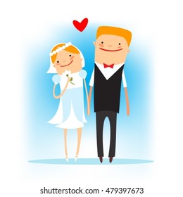 Stylized happy married couple on blue background. Flat design. Vector characters. Design elements for greeting cards or flyers.