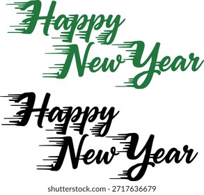 Texto estilizado de "Feliz Año Nuevo" en dos versiones, verde y negro, con un efecto de desenfoque de movimiento dinámico con líneas de velocidad Horizontales, ideal para saludos y celebraciones festivas.