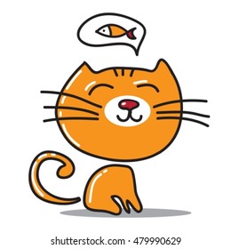 Stylized happy nice cat with fish isolated on a white background.