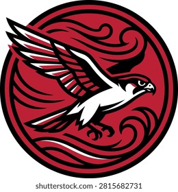 Stylized hawk soaring through stylized waves in a circular emblematic design
