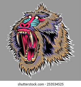 Stylized head of aggressive monkey. Illustration for your design