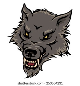 Stylized head of agressive wolf. Color illustration isolated on white