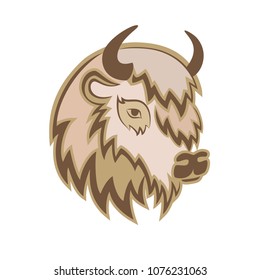 Stylized head of a Buffalo with the horns on the side. Brown on white background.