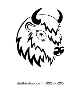 Stylized head of a Buffalo with the horns on the side. Black and white.