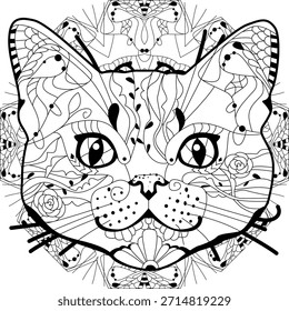 Stylized head of cat on mandala for coloring book. Hand Drawn lace vector illustration